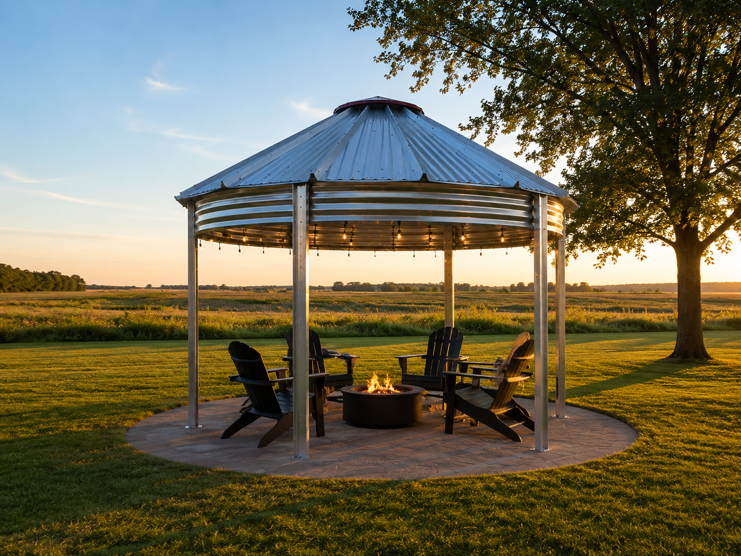 Binzebo in an open backyard with firepit and Adirondack chairs at sunset