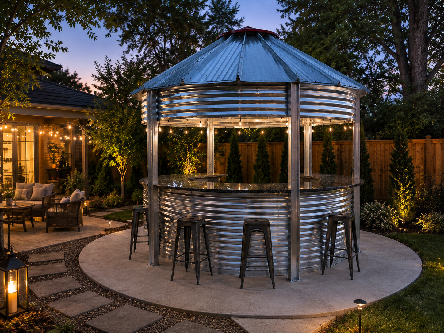 Binzebo backyard build with granite bar top and metal stools at twilight