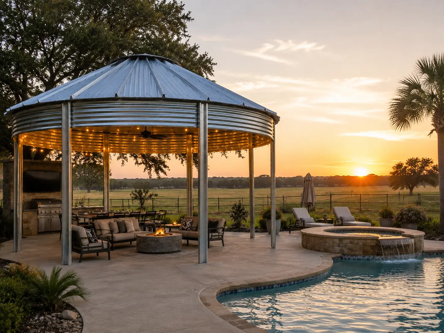 21 foot Binzebo beside a pool and spa with sunset over the pasture