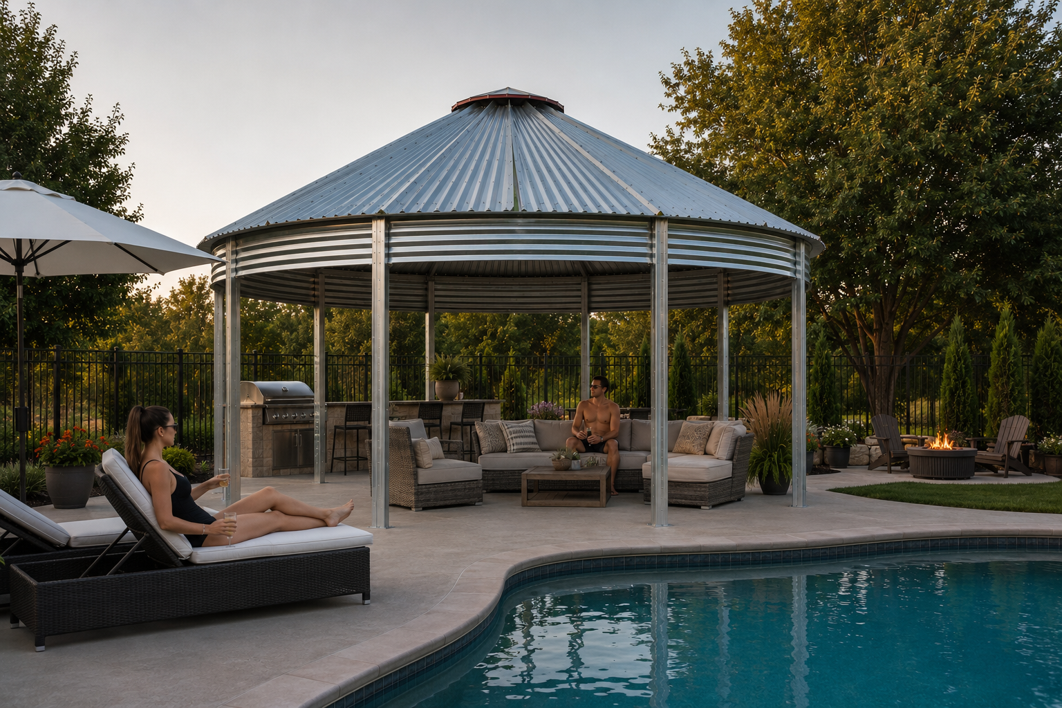18 foot Binzebo beside a swimming pool with lounge seating and grill