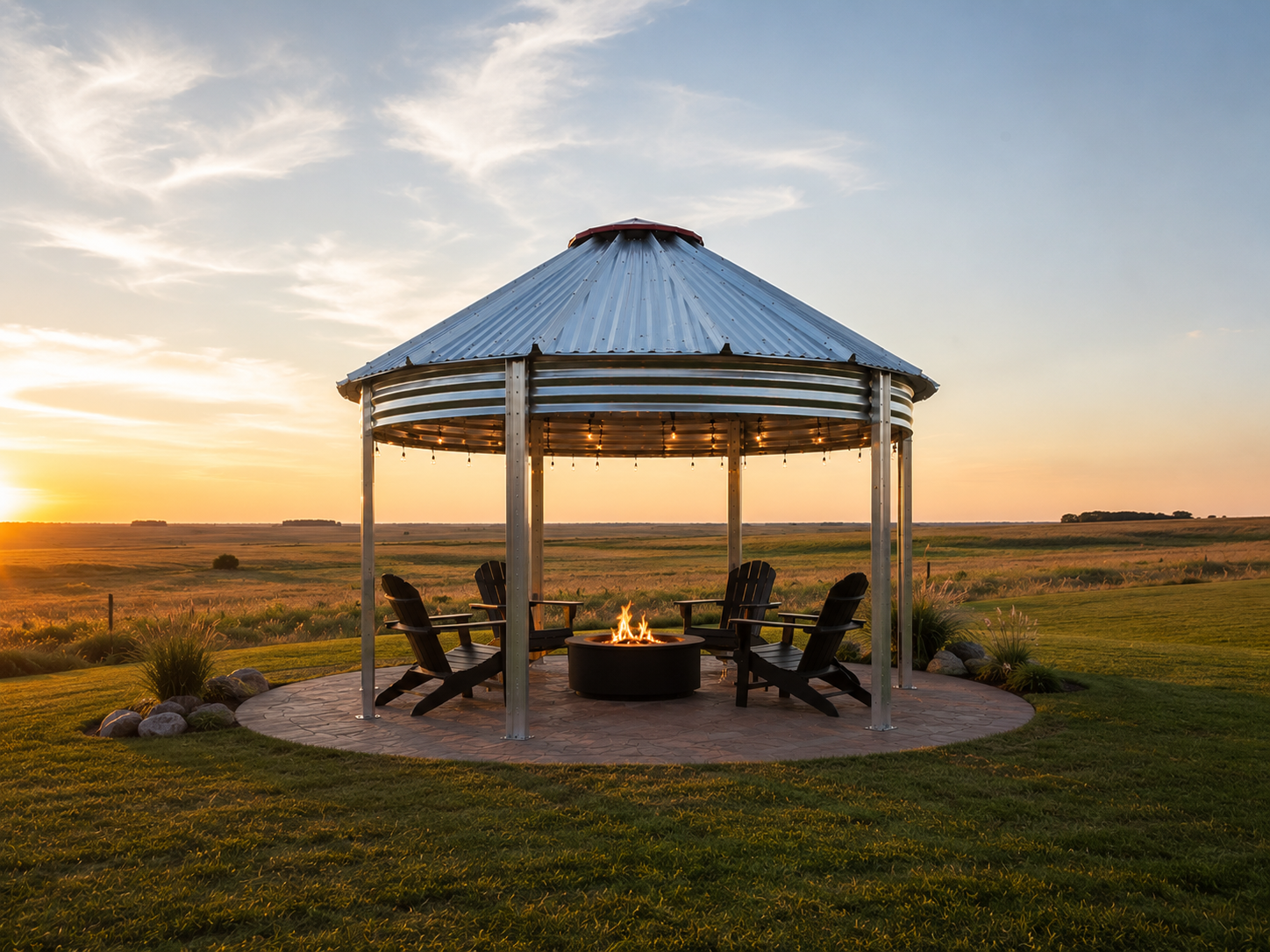 Binzebo on open prairie at dusk with string lights and a firepit