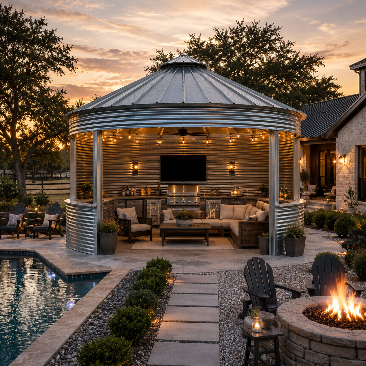 Half Binzebo with full height back wall, outdoor kitchen and lounge beside a pool at sunset